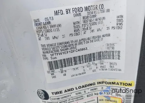 2013 Ford F-150 Fx4 z USA, uszkodzony, nr VIN 1FTFW1EF1DFC45663